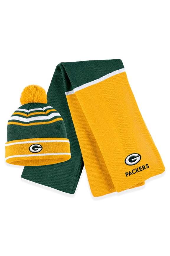Women's WEAR by Erin Andrews Green Green Bay Packers Colorblock Cuffed Knit Hat with Pom and Scarf Set