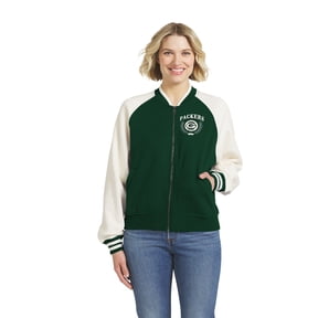 Women's WEAR by Erin Andrews Green Green Bay Packers Throwback Varsity Fleece Raglan Full-Zip Jacket