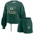 thumbnail image 1 of Women's WEAR by Erin Andrews Green Green Bay Packers Washed Fleece Long Sleeve T-Shirt & Shorts Lounge Set, 1 of 6