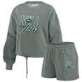thumbnail image 1 of Women's WEAR by Erin Andrews Green New York Jets Washed Fleece Long Sleeve T-Shirt & Shorts Lounge Set, 1 of 6