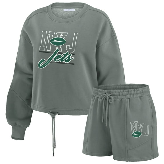 Women's WEAR by Erin Andrews Green New York Jets Washed Fleece Long Sleeve T-Shirt & Shorts Lounge Set
