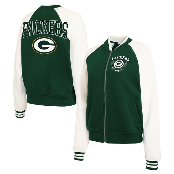 Women's WEAR by Erin Andrews Green/White Green Bay Packers Throwback Plus Size Fleece Varsity Full-Zip Jacket