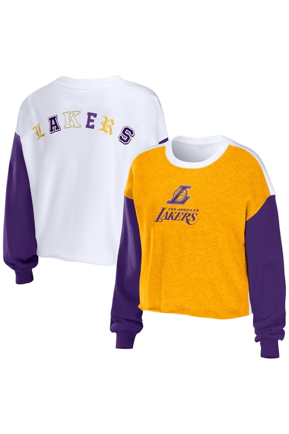 Women's WEAR by Erin Andrews Heather Gold Los Angeles Lakers Mixed Letter Cropped Pullover Sweatshirt