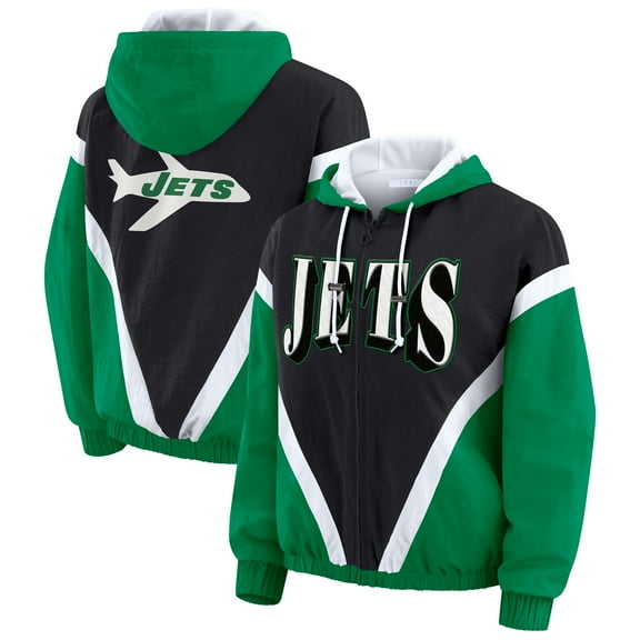 Women's WEAR by Erin Andrews Kelly Green/Black New York Jets Retro Crinkle Full-Zip Hoodie Windbreaker