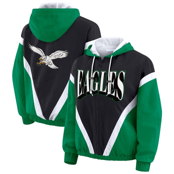 Women's WEAR by Erin Andrews Kelly Green/Black Philadelphia Eagles Plus Size Retro Crinkle Full-Zip Hoodie Windbreaker