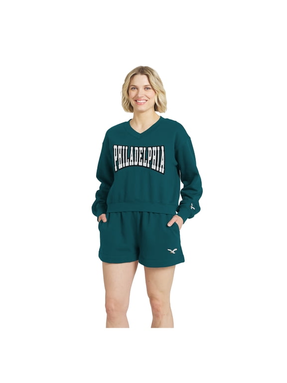 Women's WEAR by Erin Andrews Midnight Green Philadelphia Eagles Fleece V-Neck Lounge Set