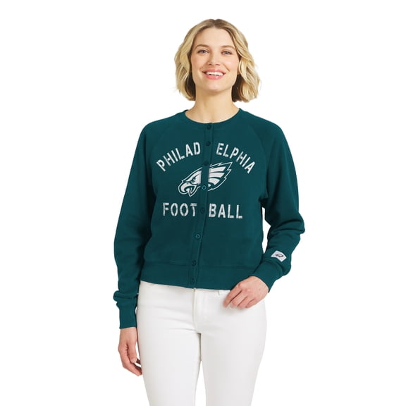 Women's WEAR by Erin Andrews Midnight Green Philadelphia Eagles Heathered Crew Cardigan Sweater
