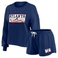 thumbnail image 1 of Women's WEAR by Erin Andrews Navy Atlanta Braves Heavy Rugby Jersey Cropped Long Sleeve T-Shirt & Shorts Lounge Set, 1 of 7