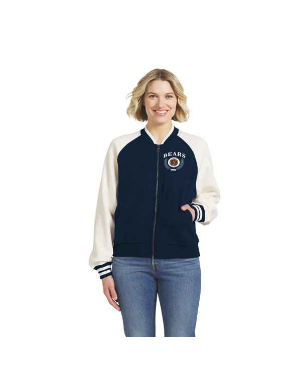 Women's WEAR by Erin Andrews Navy Chicago Bears Throwback Varsity Fleece Raglan Full-Zip Jacket