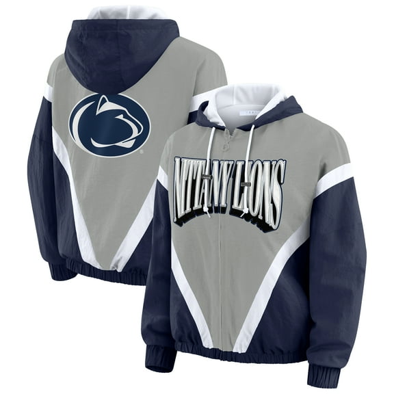 Women's WEAR by Erin Andrews Navy/Gray Penn State Nittany Lions Colorblock Full-Zip Hoodie Windbreaker Jacket