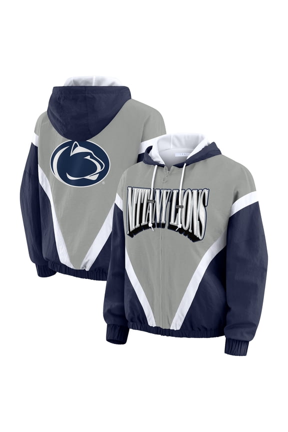 Women's WEAR by Erin Andrews Navy/Gray Penn State Nittany Lions Colorblock Full-Zip Hoodie Windbreaker Jacket