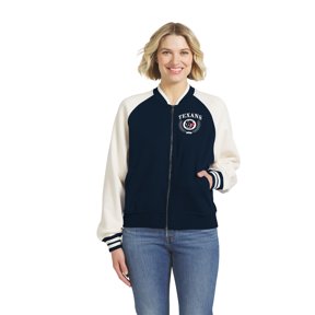 Women's WEAR by Erin Andrews Navy Houston Texans Throwback Varsity Fleece Raglan Full-Zip Jacket