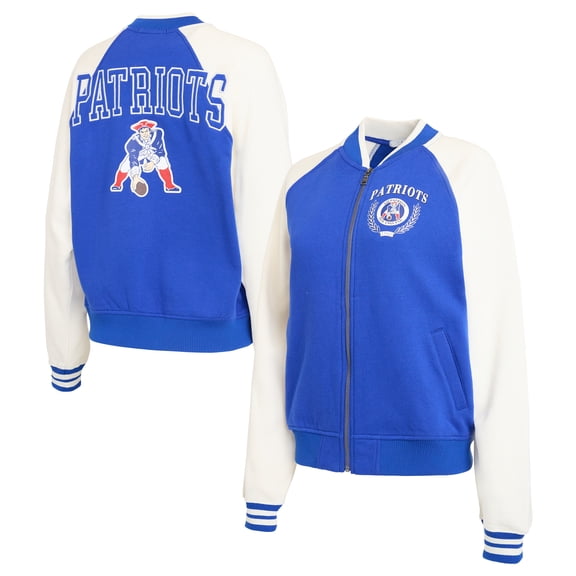 Women's WEAR by Erin Andrews Royal New England Patriots Throwback Varsity Fleece Raglan Full-Zip Jacket