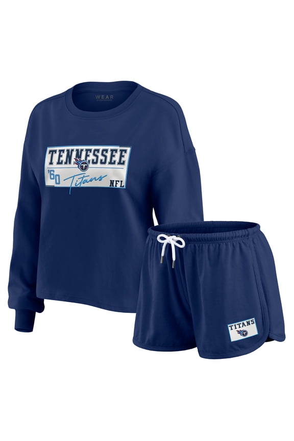 Women's WEAR by Erin Andrews Navy Tennessee Titans Heavy Rugby Jersey Long Sleeve T-Shirt & Shorts Lounge Set