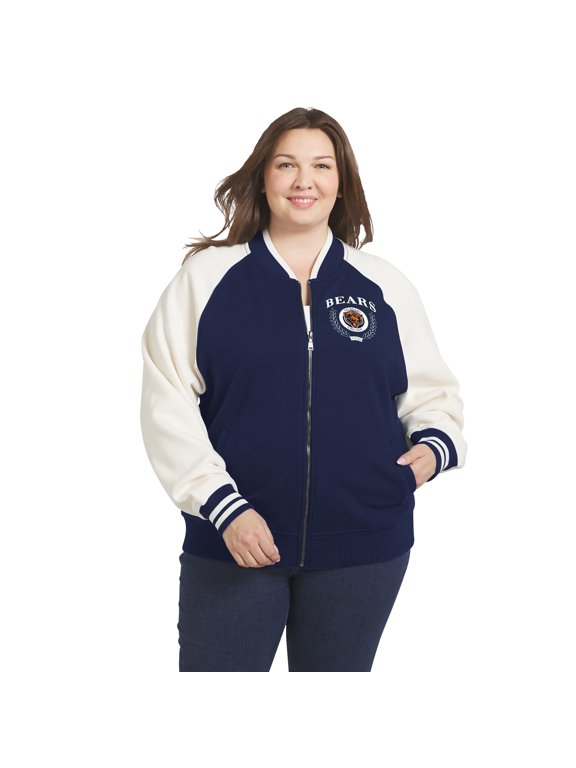 Women's WEAR by Erin Andrews Navy/White Chicago Bears Throwback Plus Size Fleece Varsity Full-Zip Jacket
