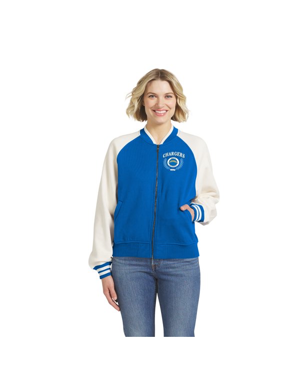 Women's WEAR by Erin Andrews Powder Blue Los Angeles Chargers Full-Zip Fleece Varsity Jacket