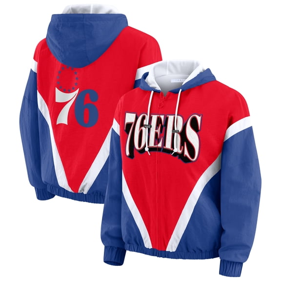 Women's WEAR by Erin Andrews Red/Royal Philadelphia 76ers Colorblock Full-Zip Hoodie Windbreaker Jacket