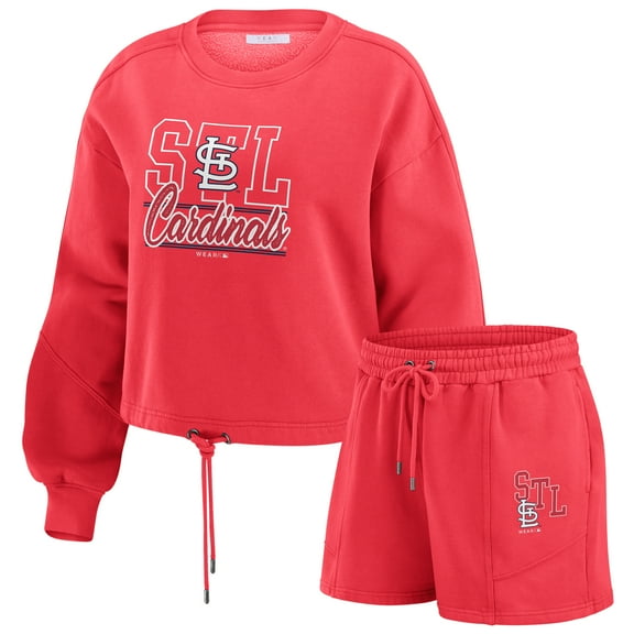 Women's WEAR by Erin Andrews Red St. Louis Cardinals Washed Fleece Sweatshirt & Shorts Lounge Set
