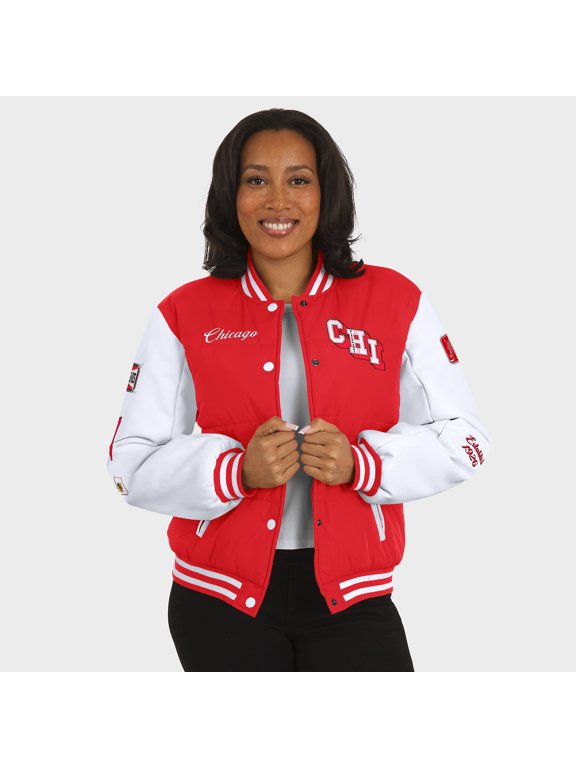 Women's WEAR by Erin Andrews Red/White Chicago Blackhawks Varsity Full-Snap Puffer Jacket
