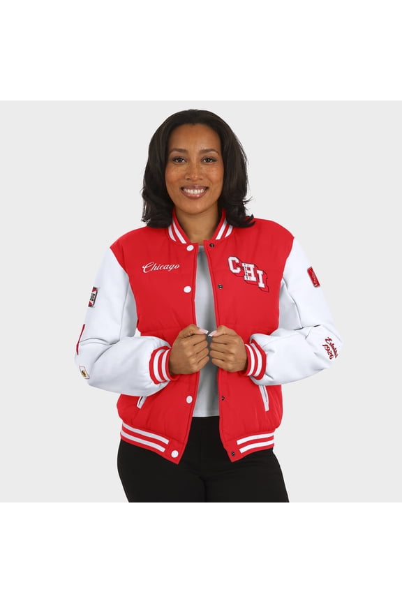 Women's WEAR by Erin Andrews Red/White Chicago Blackhawks Varsity Full-Snap Puffer Jacket