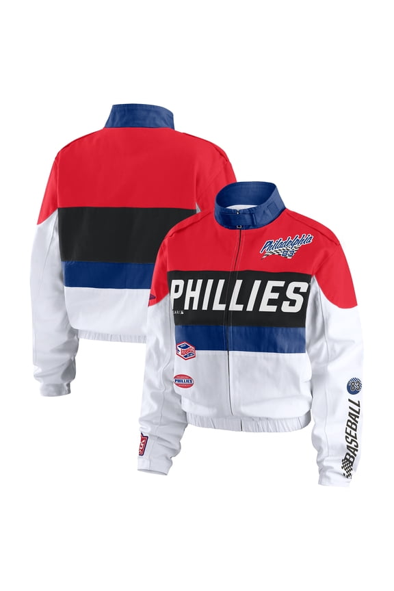 Women's WEAR by Erin Andrews Red/White Philadelphia Phillies Racing Full-Zip Jacket