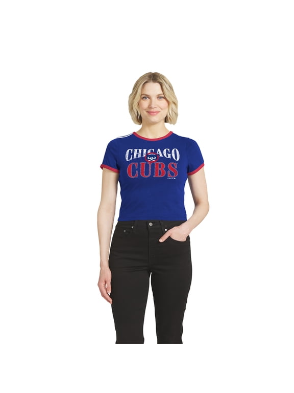 Women's WEAR by Erin Andrews Royal Chicago Cubs Cropped Throwback Ringer Baby T-Shirt
