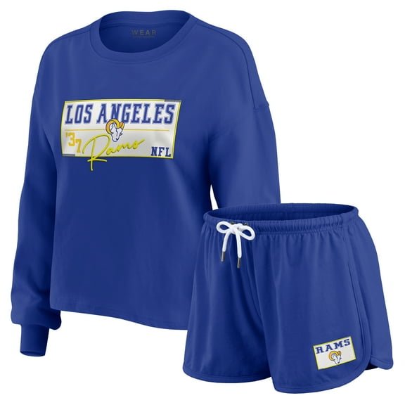 Women's WEAR by Erin Andrews Royal Los Angeles Rams Heavy Rugby Jersey Long Sleeve T-Shirt & Shorts Lounge Set