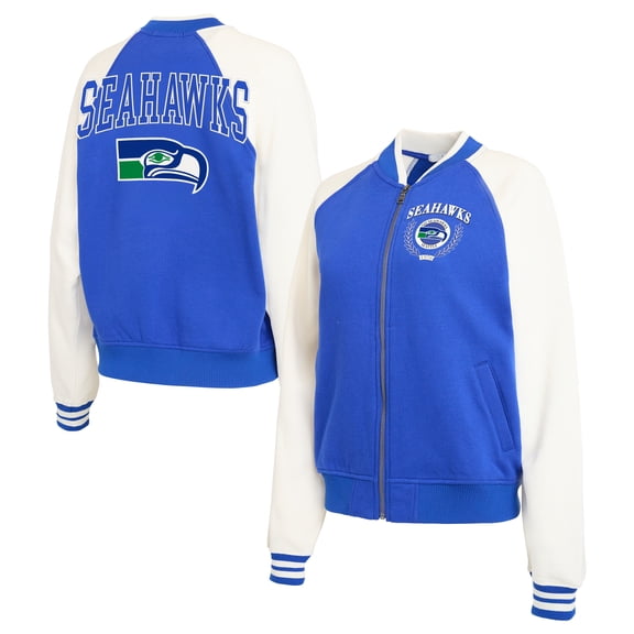 Women's WEAR by Erin Andrews Royal/White Seattle Seahawks Throwback Plus Size Fleece Varsity Full-Zip Jacket