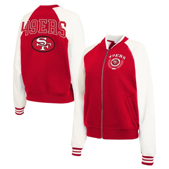 Women's WEAR by Erin Andrews Scarlet/White San Francisco 49ers Throwback Plus Size Fleece Varsity Full-Zip Jacket