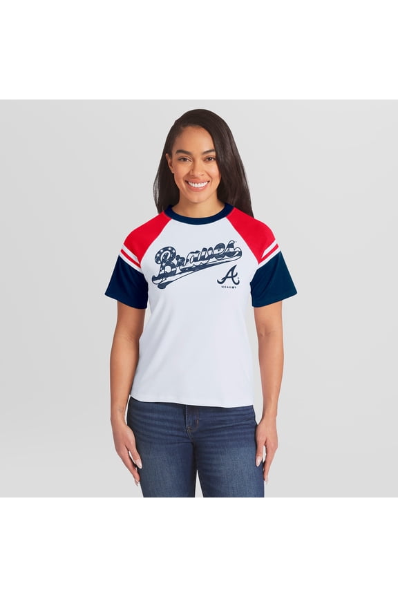 Women's WEAR by Erin Andrews White Atlanta Braves Striped Raglan T-Shirt