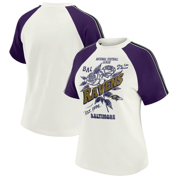 Women's WEAR by Erin Andrews White Baltimore Ravens Sleeve Stripe Distressed Raglan T-Shirt