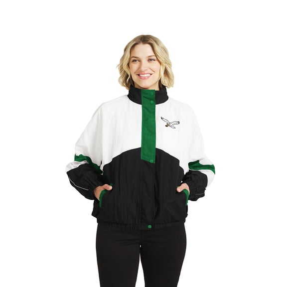 Women's WEAR by Erin Andrews White/Black Philadelphia Eagles Throwback Crinkle Full-Zip Hooded Windbreaker Jacket