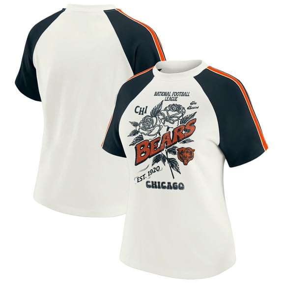 Women's WEAR by Erin Andrews White Chicago Bears Sleeve Stripe Distressed Raglan T-Shirt