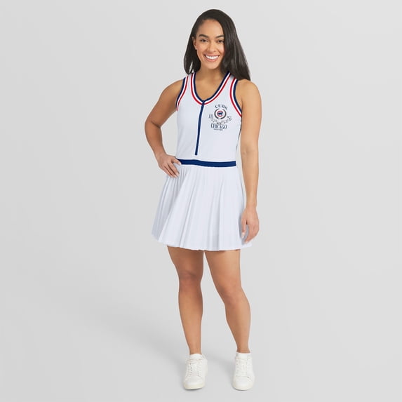 Women's WEAR by Erin Andrews White Chicago Cubs Zip-Front Pleated Tri-Blend Scoop Neck Tank Dress