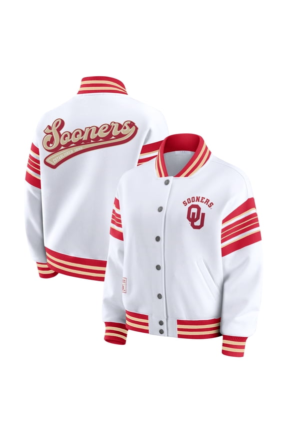 Women's WEAR by Erin Andrews White/Crimson Oklahoma Sooners Satin Stitch Full-Snap Fleece Sweatshirt Jacket