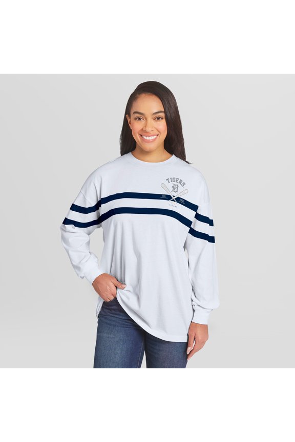 Women's WEAR by Erin Andrews White Detroit Tigers Oversized Long Sleeve Striped T-Shirt