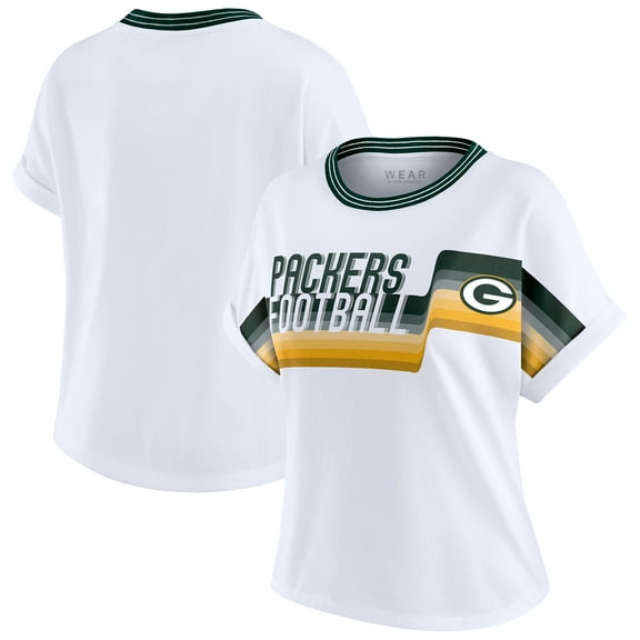 Women's WEAR by Erin Andrews White Green Bay Packers Cropped Center Stripe Dolman T-Shirt