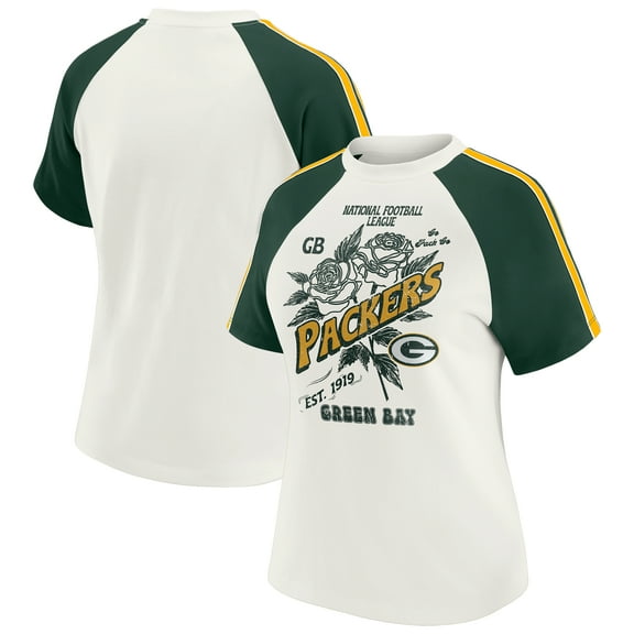 Women's WEAR by Erin Andrews White Green Bay Packers Sleeve Stripe Distressed Raglan T-Shirt