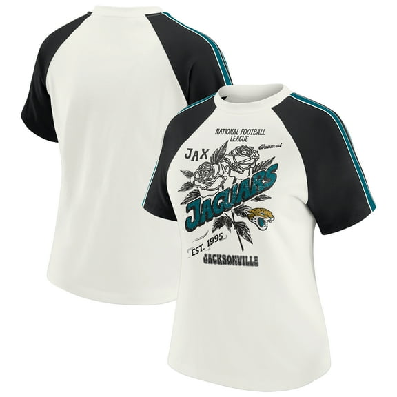 Women's WEAR by Erin Andrews White Jacksonville Jaguars Sleeve Stripe Distressed Raglan T-Shirt