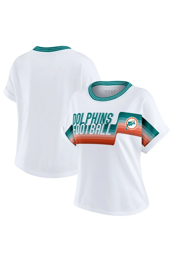 Women's WEAR by Erin Andrews White Miami Dolphins Cropped Center Stripe Dolman T-Shirt