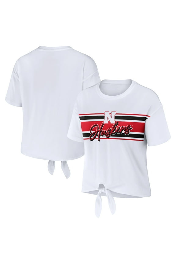 Women's WEAR by Erin Andrews White Nebraska Huskers Striped Front Knot Cropped T-Shirt