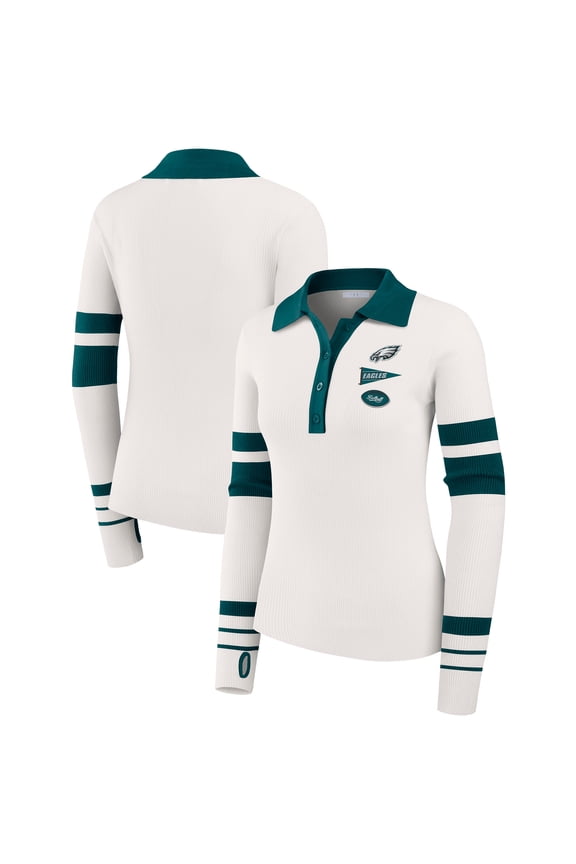 Women's WEAR by Erin Andrews White Philadelphia Eagles Ribbed Henley Polo Sweater