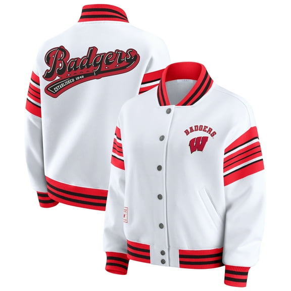 Women's WEAR by Erin Andrews White/Red Wisconsin Badgers Satin Stitch Full-Snap Fleece Sweatshirt Jacket