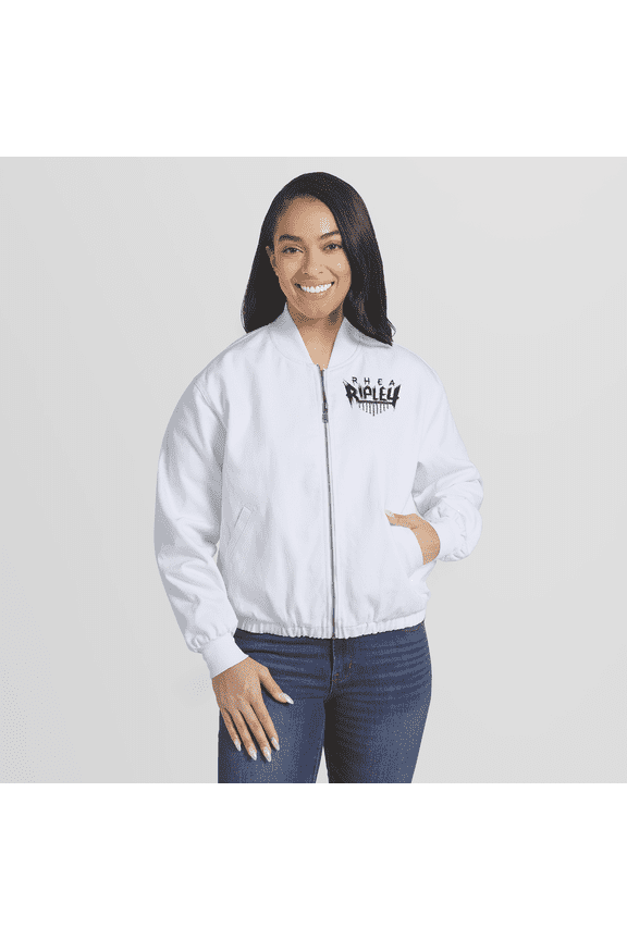 Women's WEAR by Erin Andrews White Rhea Ripley Denim Full-Zip Bomber Jacket