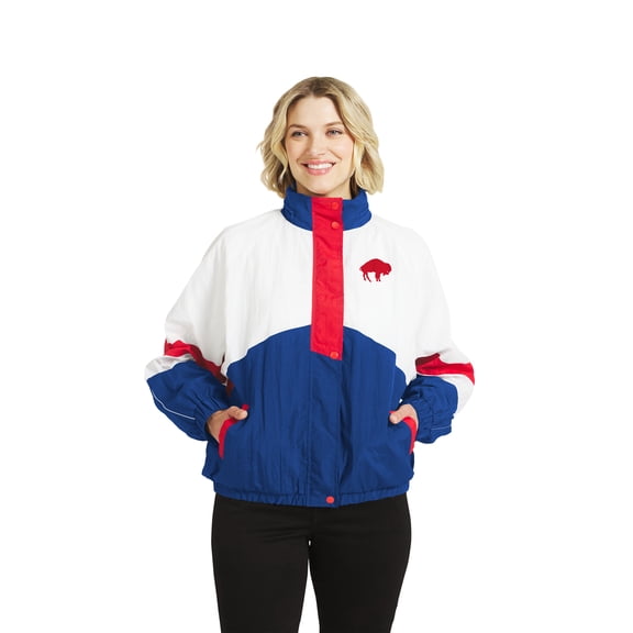 Women's WEAR by Erin Andrews White/Royal Buffalo Bills Throwback Crinkle Full-Zip Hooded Windbreaker Jacket