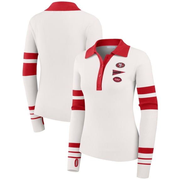 Women's WEAR by Erin Andrews White San Francisco 49ers Ribbed Henley Polo Sweater