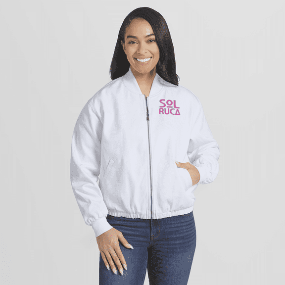 Women's WEAR by Erin Andrews White Sol Ruca Ride The Wave Denim Full-Zip Bomber Jacket