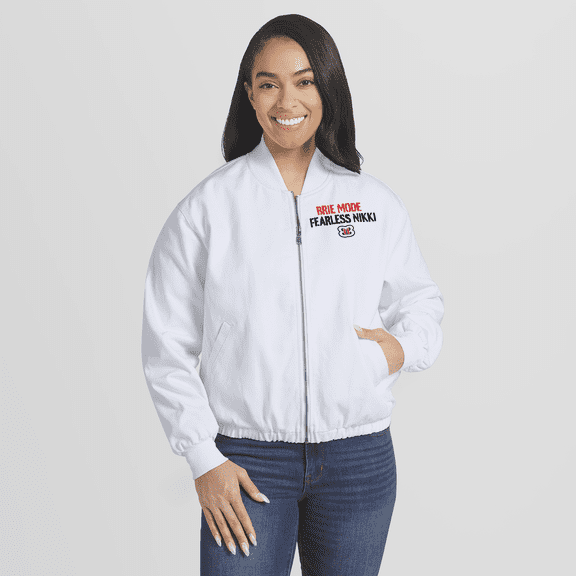 Women's WEAR by Erin Andrews White The Bella Twins Denim Full-Zip Bomber Jacket