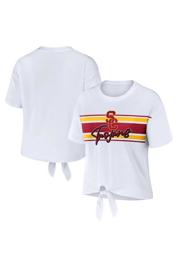 Women's WEAR by Erin Andrews White USC Trojans Striped Front Knot Cropped T-Shirt