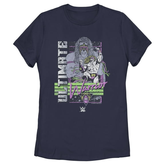 Women's WWE Ultimate Warrior Retro Poster  Graphic Tee Navy Blue Large